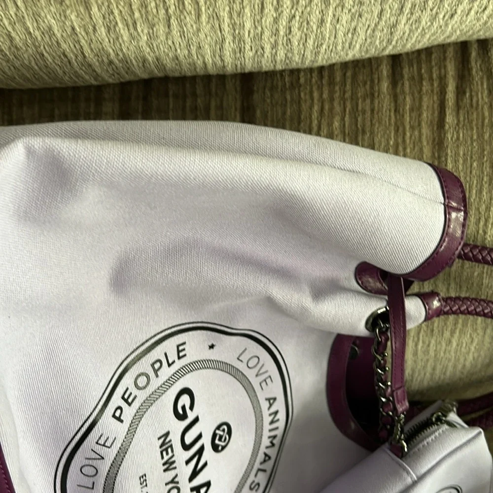 Gunas New York Ruth  canvas tote bag purple trimmed in leather APX 16 x 11 x 4 - Picture 6 of 13